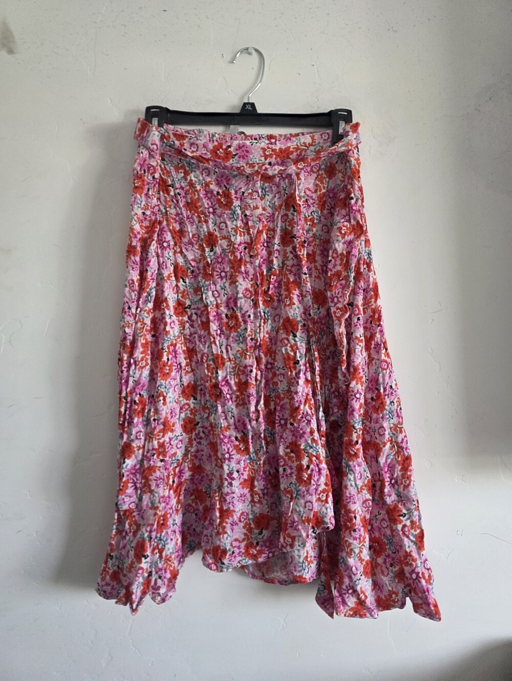 Floral Pink & Red Midi Skirt - Women's Flowing A-Line